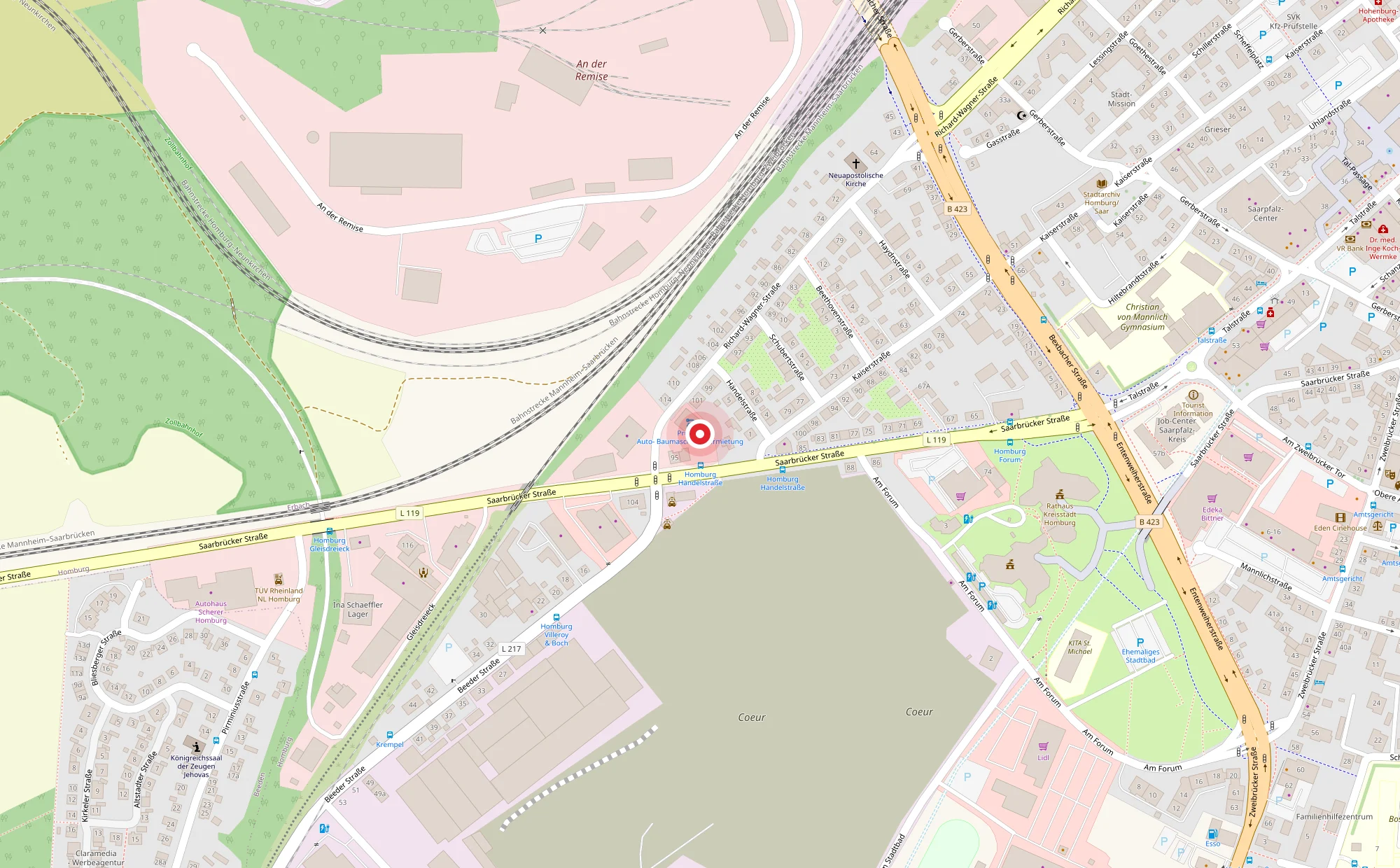 Karte mit dem Standort von Prussak GmbH, Saarbrücker Straße 93 in Homburg